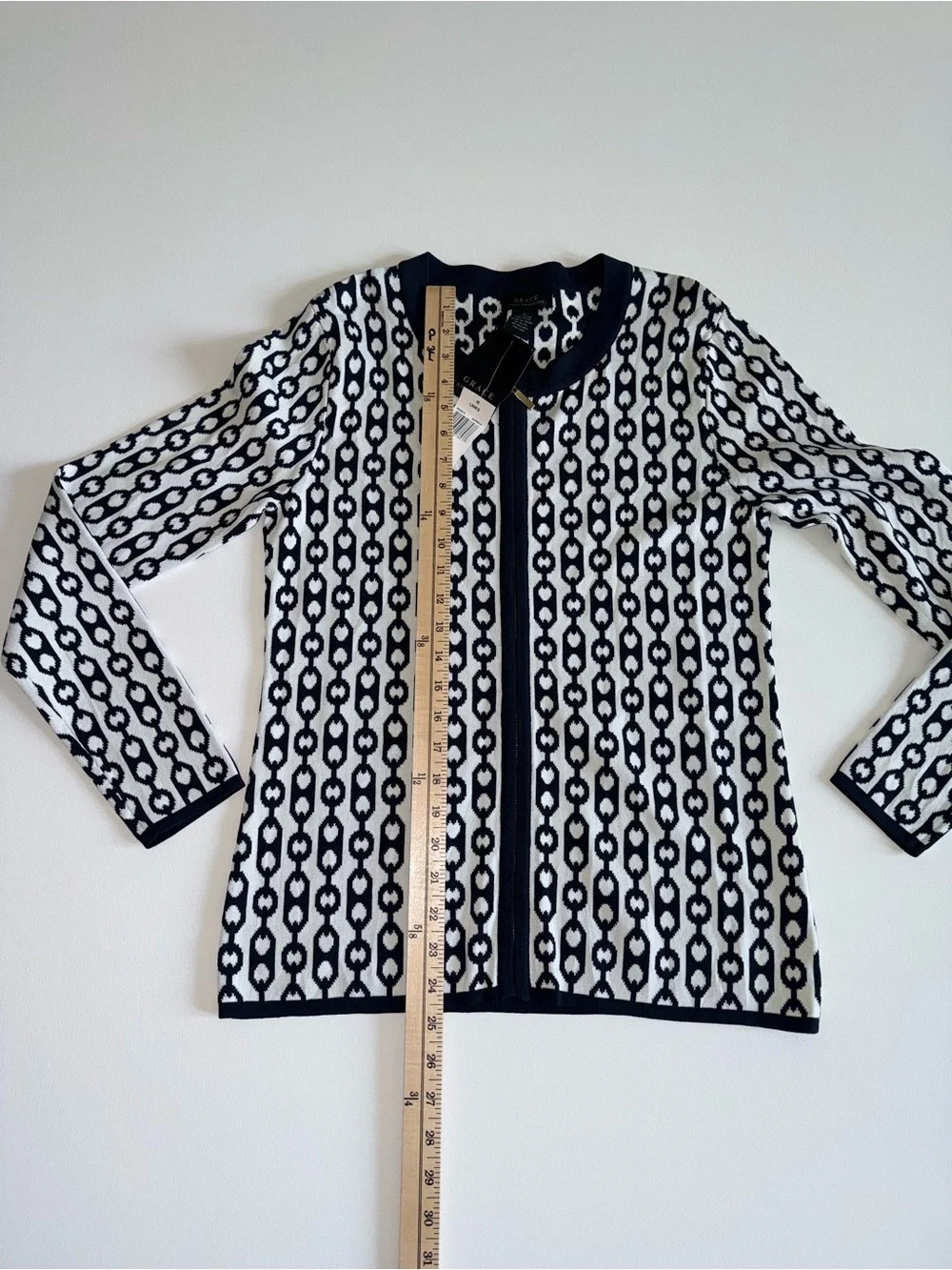Grace Knit Dressing Royal & White Geometric Zip Cardigan Jacket Medium